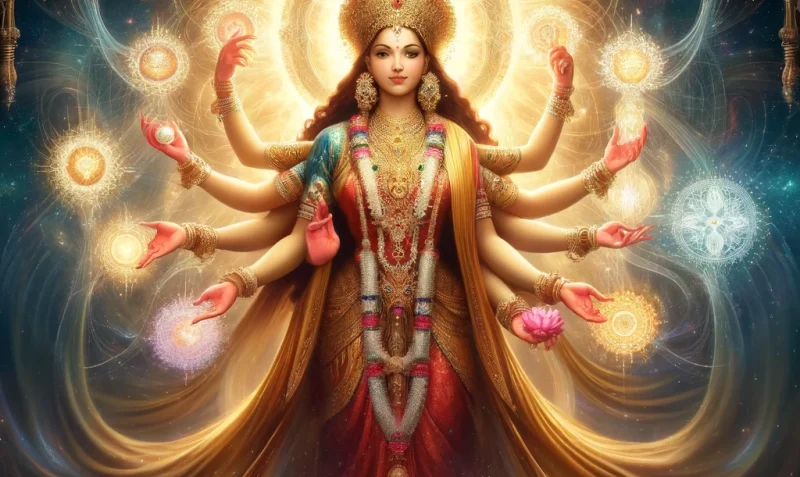 DALL·E 2025-01-31 12.58.06 - A divine and mystical representation of Mahadevi, the Supreme Shakti, standing in a luminous cosmic realm. She is adorned in radiant golden and red si
